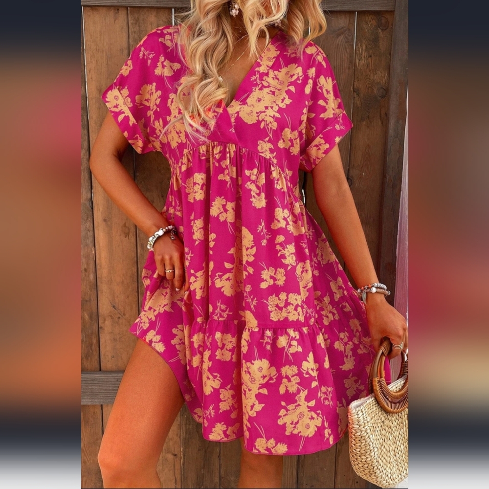 Rose Floral Print Smock Dress